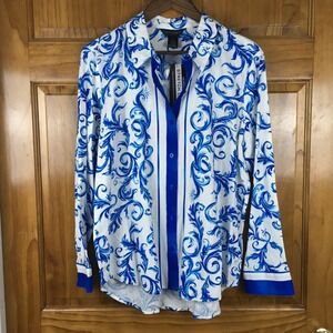 Investments Womens L Blue White Stretch Linen Button Down Shirt Coastal Nautical